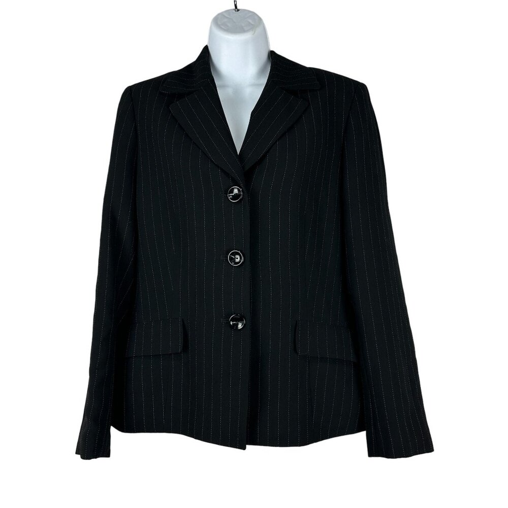 Le Suit Essentials Black Pinstripe Blazer Jacket Size 10 Polyester Womens